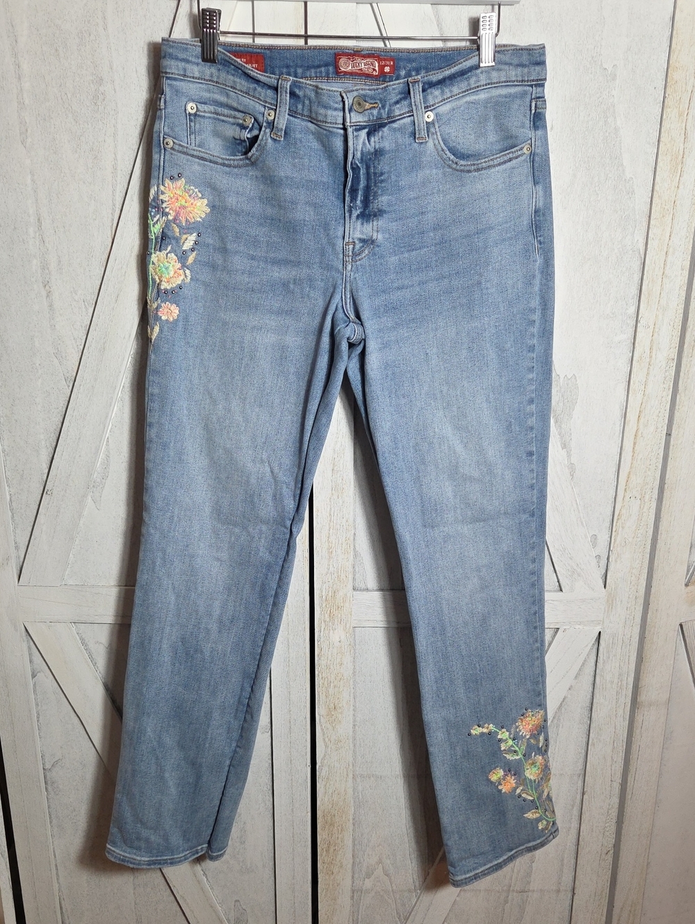 Lucky Brand Sweet Mid Rise Straight Leg Floral Embroidered Studded Jeans Size 12